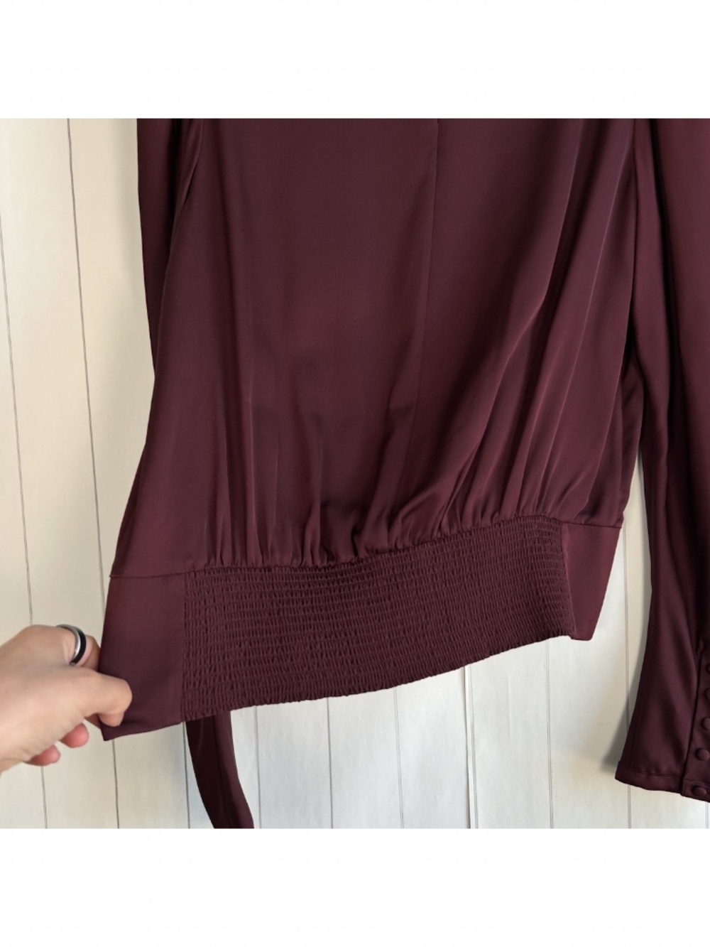 Frame size L long sleeve keyhole blouse 100% silk burgundy smocked high neck - Picture 8 of 12
